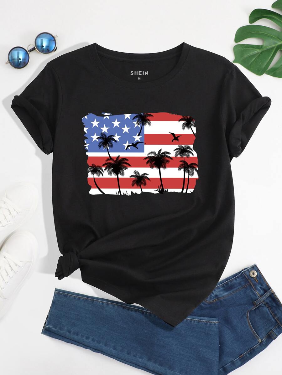 SHEIN EZwear Áo thun nữ Nhiệt đới Lá cờ Giải trí - màu đen - Xem 1