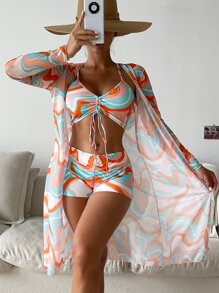 SHEIN Swim 漩渦圖案比基尼套裝交叉文胸和褶邊短褲和海灘罩衫3入組泳衣 - 彩色 - 查看 1