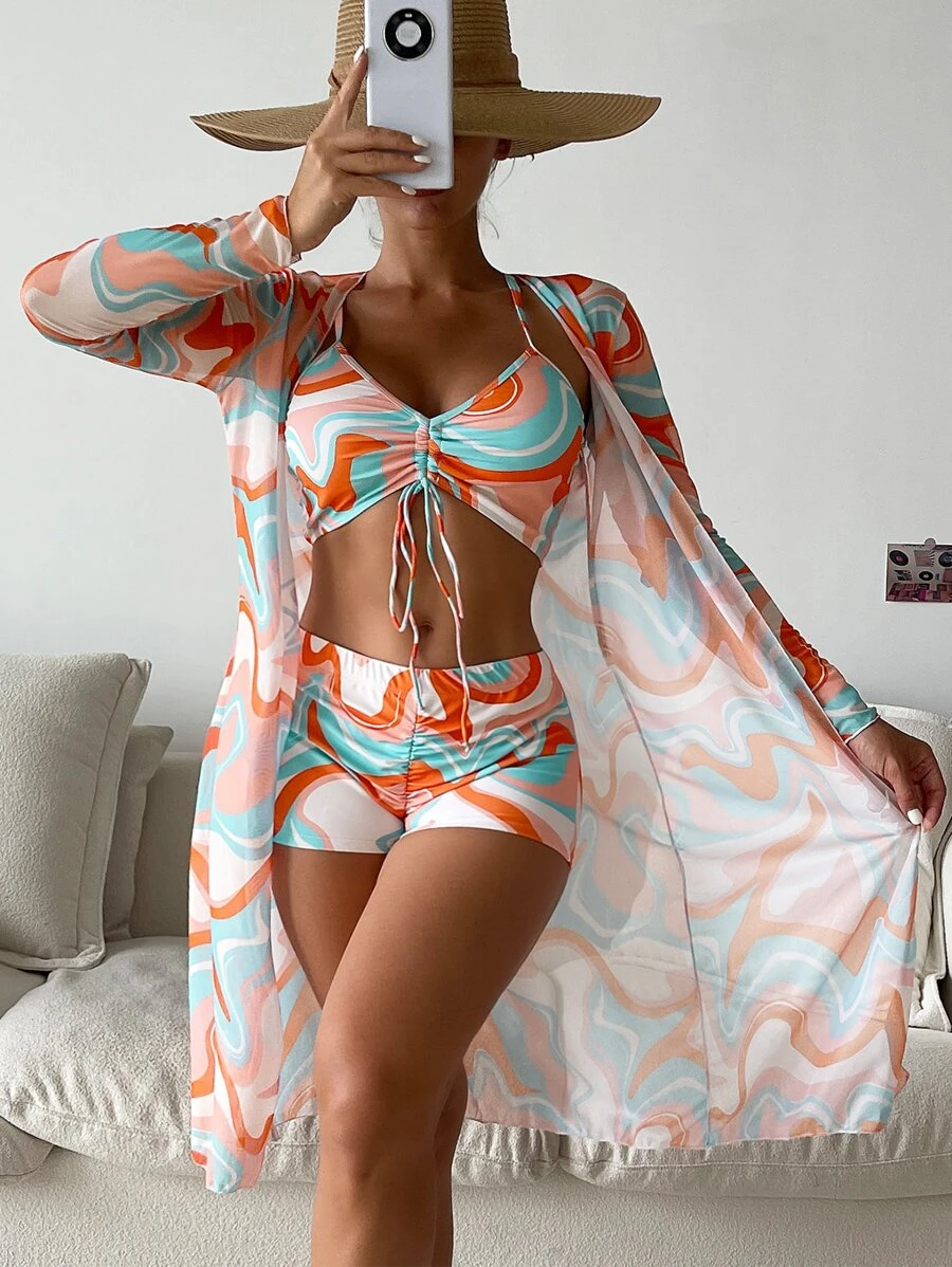 SHEIN Swim 漩渦圖案比基尼套裝交叉文胸和褶邊短褲和海灘罩衫3入組泳衣 - 彩色 - 查看 1