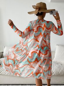 SHEIN Swim 漩渦圖案比基尼套裝交叉文胸和褶邊短褲和海灘罩衫3入組泳衣 - 彩色 - 查看 2