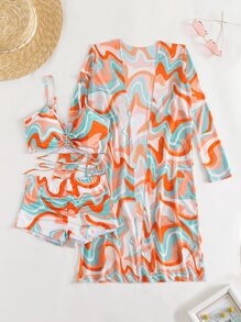 SHEIN Swim 漩渦圖案比基尼套裝交叉文胸和褶邊短褲和海灘罩衫3入組泳衣 - 彩色 - 查看 3