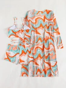 SHEIN Swim 漩渦圖案比基尼套裝交叉文胸和褶邊短褲和海灘罩衫3入組泳衣 - 彩色 - 查看 4