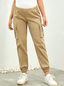 SHEIN Maternidad Pantalones cargo con bolsillo lateral con solapa - Caqui - Ver 1