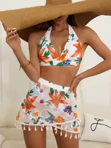 Floral Print Knot Back Halter Bikini Set With Tassel Decor Beach Skirt, For Summer Vacation - White - View 1