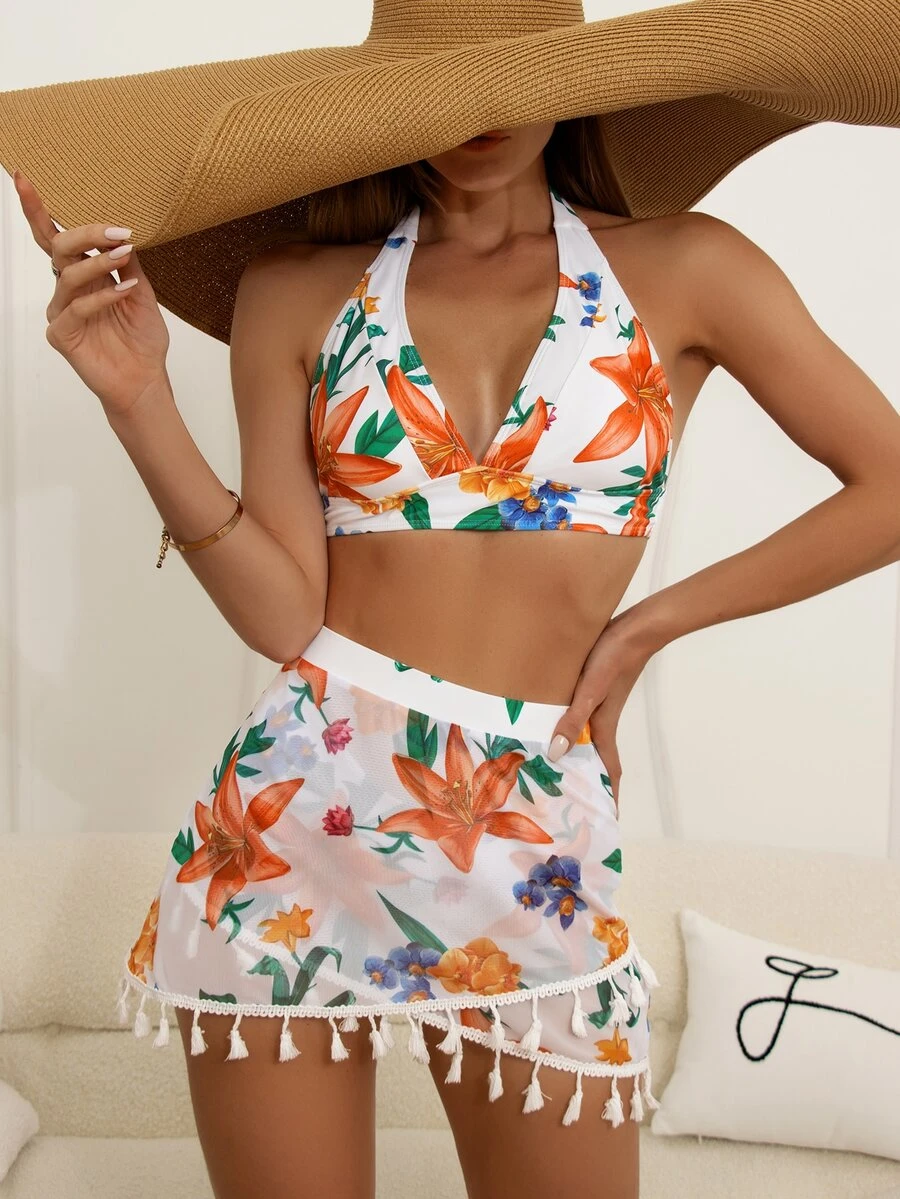 Floral Print Knot Back Halter Bikini Set With Tassel Decor Beach Skirt, For Summer Vacation - White - View 1