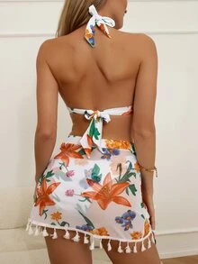 Floral Print Knot Back Halter Bikini Set With Tassel Decor Beach Skirt, For Summer Vacation - White - View 2