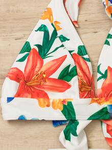 Floral Print Knot Back Halter Bikini Set With Tassel Decor Beach Skirt, For Summer Vacation - White - View 3