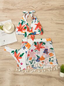 Floral Print Knot Back Halter Bikini Set With Tassel Decor Beach Skirt, For Summer Vacation - White - View 4