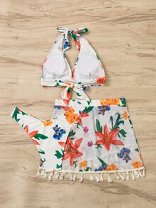 Floral Print Knot Back Halter Bikini Set With Tassel Decor Beach Skirt, For Summer Vacation - White - View 5
