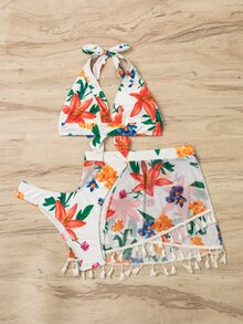 Floral Print Knot Back Halter Bikini Set With Tassel Decor Beach Skirt, For Summer Vacation - White - View 6