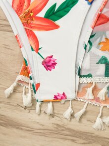 Floral Print Knot Back Halter Bikini Set With Tassel Decor Beach Skirt, For Summer Vacation - White - View 7