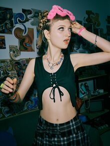 ROMWE Street Life Lace Up Asymmetric Hem Tank Top - Black - View 3