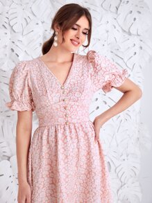 Modelyn 1pc Flounce Sleeve Button Front Flare Hem Dress - Dusty Pink - View 5