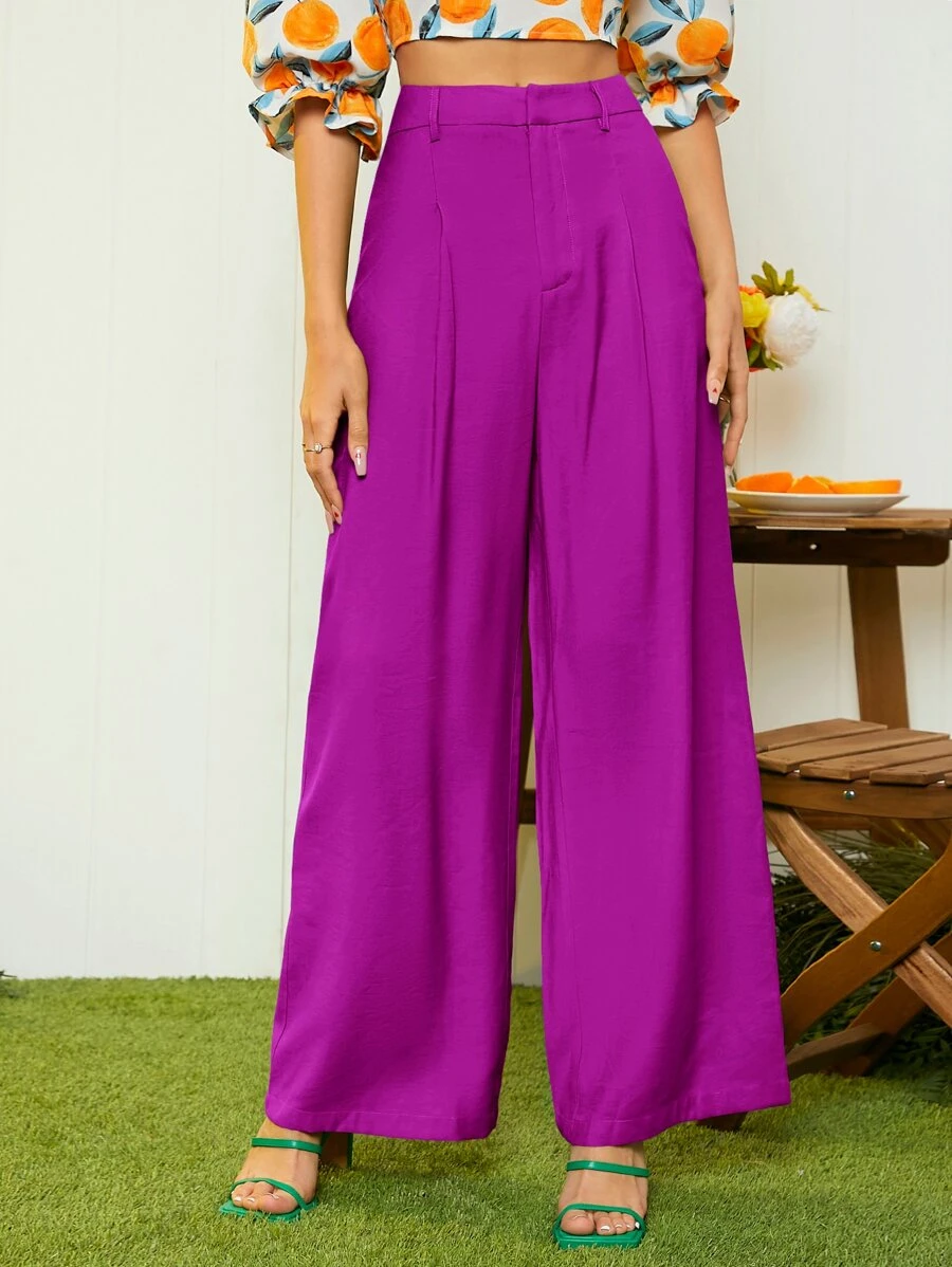 SHEIN Privé High Waist Wide Leg Trousers - Purple - View 1