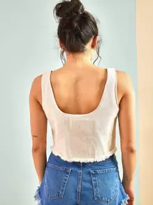 RueChic Solid Raw Hem Button Front Crop Tank Top - Beige - View 2