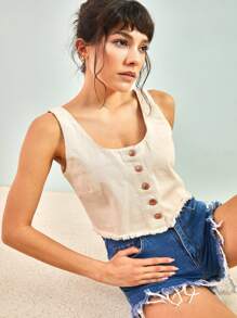 RueChic Solid Raw Hem Button Front Crop Tank Top - Beige - View 3