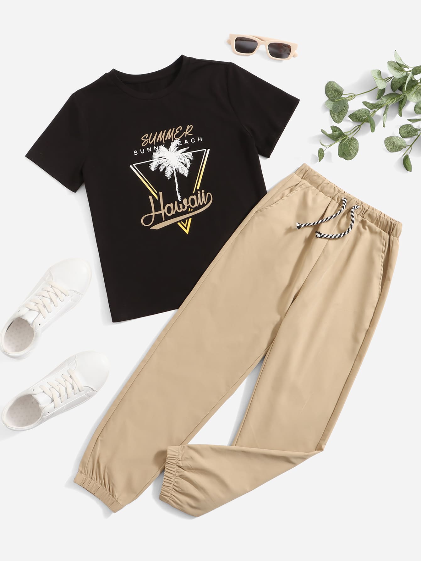 SHEIN Boys Letter & Geo Print Tee & Drawstring Waist Pants - Multicolor - View 1