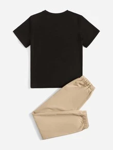 SHEIN Boys Letter & Geo Print Tee & Drawstring Waist Pants - Multicolor - View 2