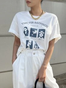 DAZY Slogan & Figure Graphic Drop Shoulder Tee - White - View 3