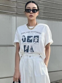 DAZY Slogan & Figure Graphic Drop Shoulder Tee - White - View 1