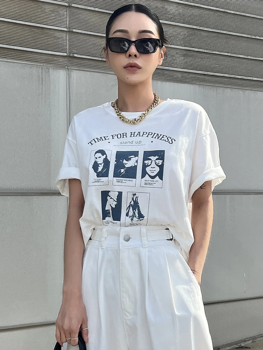 DAZY Slogan & Figure Graphic Drop Shoulder Tee - White - View 1