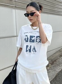 DAZY Slogan & Figure Graphic Drop Shoulder Tee - White - View 5