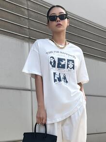 DAZY Slogan & Figure Graphic Drop Shoulder Tee - White - View 6