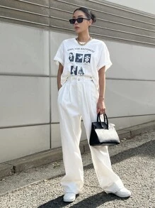 DAZY Slogan & Figure Graphic Drop Shoulder Tee - White - View 8