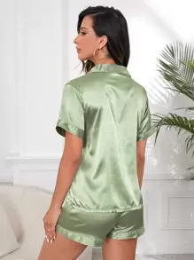Satin Lapel Collar Button Front Contrast Tipping PJ Set / Pajama Set, Vacation