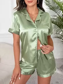 Satin Lapel Collar Button Front Contrast Tipping PJ Set / Pajama Set, Vacation