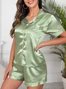Satin Lapel Collar Button Front Contrast Tipping PJ Set / Pajama Set, Vacation
