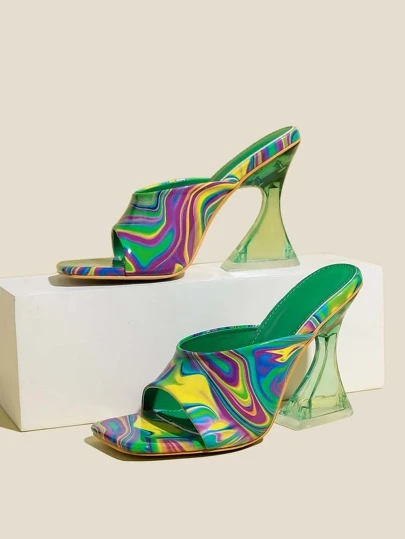 Women Marble Pattern Clear Sculptural Heeled Sandals, Funky Mule Sandals For Outdoor