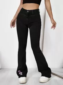 Women Jeans Tombol Kantong Zip Bunga - Hitam - View 1