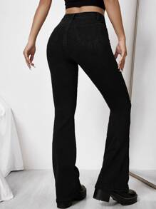 Women Jeans Tombol Kantong Zip Bunga - Hitam - View 2