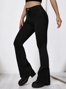 Women Jeans Tombol Kantong Zip Bunga - Hitam - View 3