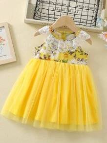 Bebé Vestido de fiesta con estampado floral con encaje en contraste ribete con fruncido bajo con malla - Amarillo - Ver 1