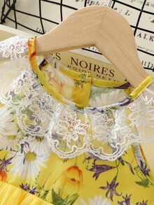 Bebé Vestido de fiesta con estampado floral con encaje en contraste ribete con fruncido bajo con malla - Amarillo - Ver 3