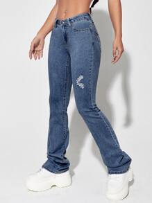 Solid Ripped Flare Leg Jeans - Dark Wash - View 1