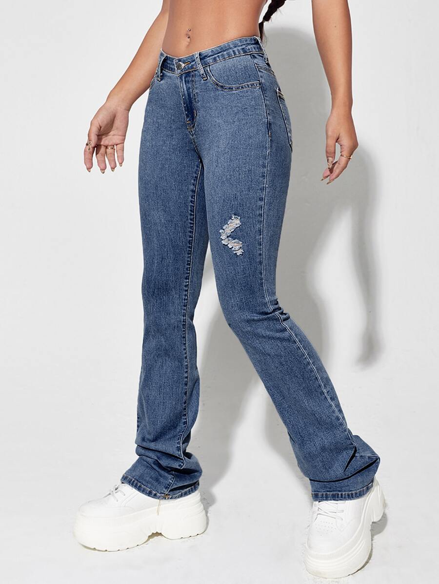Solid Ripped Flare Leg Jeans - Dark Wash - View 1
