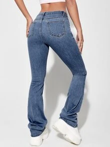 Solid Ripped Flare Leg Jeans - Dark Wash - View 2