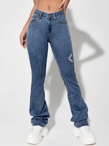 Solid Ripped Flare Leg Jeans - Dark Wash - View 4