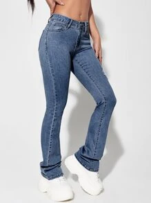 Solid Ripped Flare Leg Jeans - Dark Wash - View 5