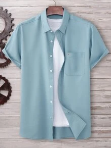 Manfinity Homme Men Letter Embroidery Patched Pocket Shirt Without Tee - Dusty Blue - View 1