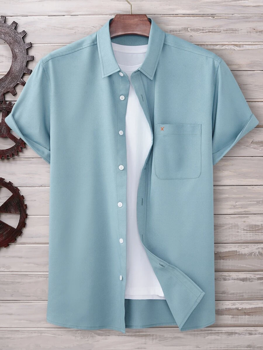 Manfinity Homme Men Letter Embroidery Patched Pocket Shirt Without Tee - Dusty Blue - View 1