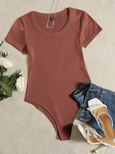 SHEIN EZwear Scoop Neck Rib-knit Bodysuit