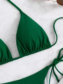 SHEIN Swim 夏日沙灘三角領綁帶式比基尼 - 綠色 - 查看 3