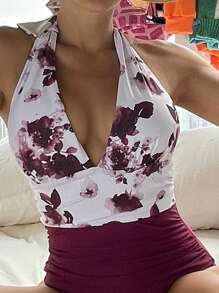 SHEIN Swim Summer Beach Floral Print Ruched One Piece Swimsuit - Multicolor - View 4