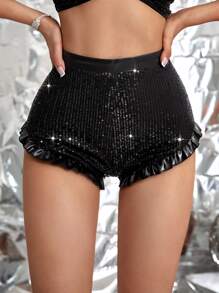 SHEIN SXY Sequin Ruffle Trim Shorts - Black - View 4