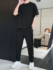 Men Letter Graphic Drop Shoulder Tee & Pants - Black - View 5