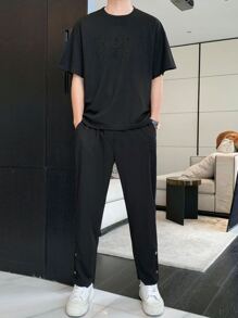 Men Letter Graphic Drop Shoulder Tee & Pants - Black - View 6